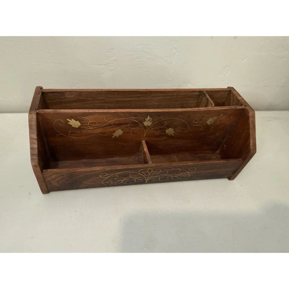Vintage Wood Desk Organizer Brass Inlay Letter Holder Mail Sorter Paper Caddy